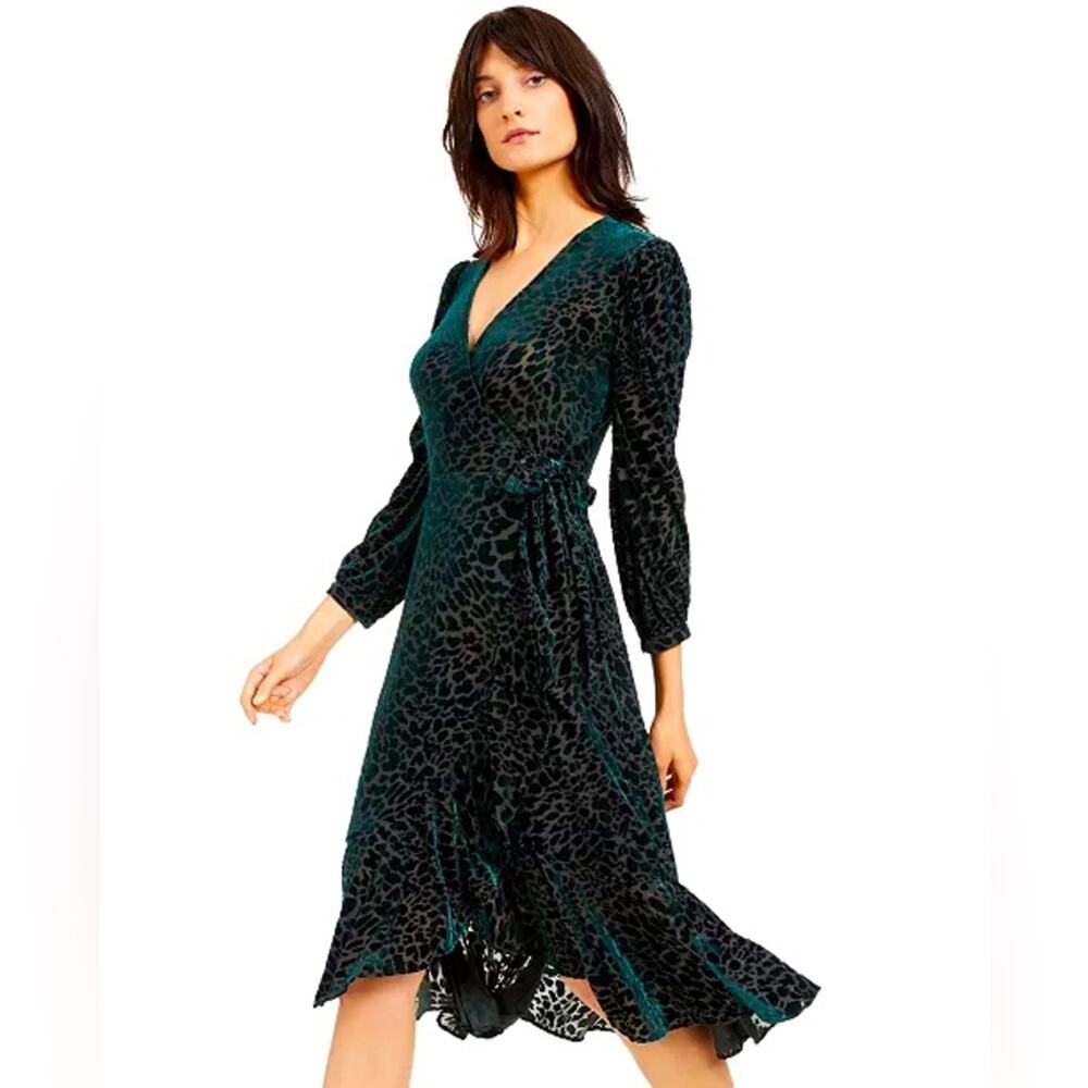 Calvin Klein Green Velvet Burnout Animal Print Whimsigoth Ruffle Dress Size 2